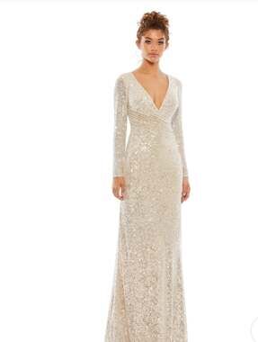 NWT Mac Duggal Ieena 26574 Silver Sequin Wrap Ruched Column Gown Dress 12